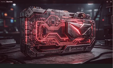 Un componente hardware futuristico della scheda madre con tracciati di circuito illuminati di rosso e il logo Bastilak in primo piano.