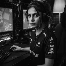 Una giocatrice professionista di eSports con cuffie da gaming guarda intensamente la telecamera mentre è seduta davanti al monitor del computer durante una partita.