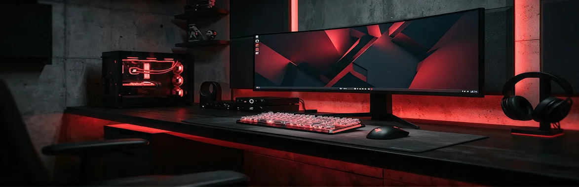 Una postazione da gaming moderna con un monitor ultrawide, tastiera meccanica illuminata, mouse e cuffie su uno supporto, il tutto accentuato da un'illuminazione a LED rossa.